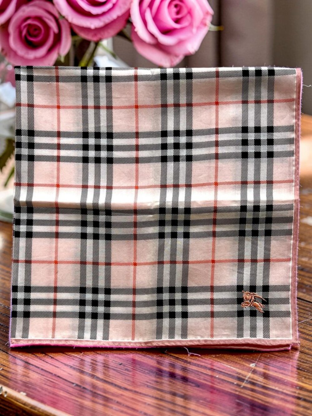 New- Burberrys mini scarves /neck-kerchief19.5"x19.5 Pink  gray black check (99) - Picture 2 of 10